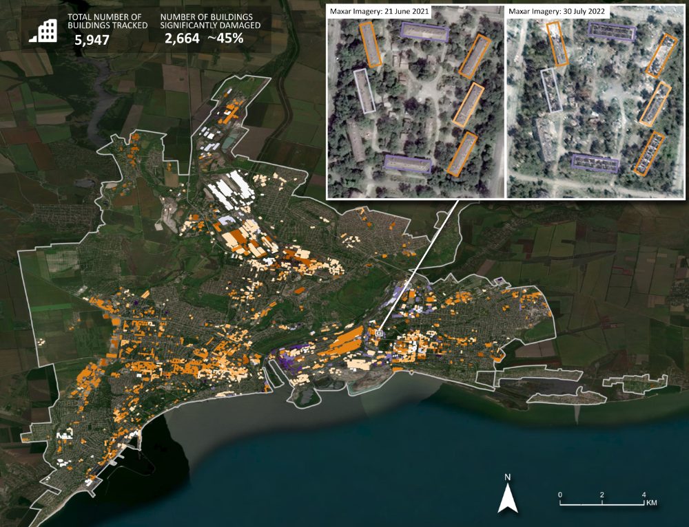 PlanetScape AI damage assessment of Mariupol, Ukraine. Building footprints color-coded by week of significant damage between February and October 2022.